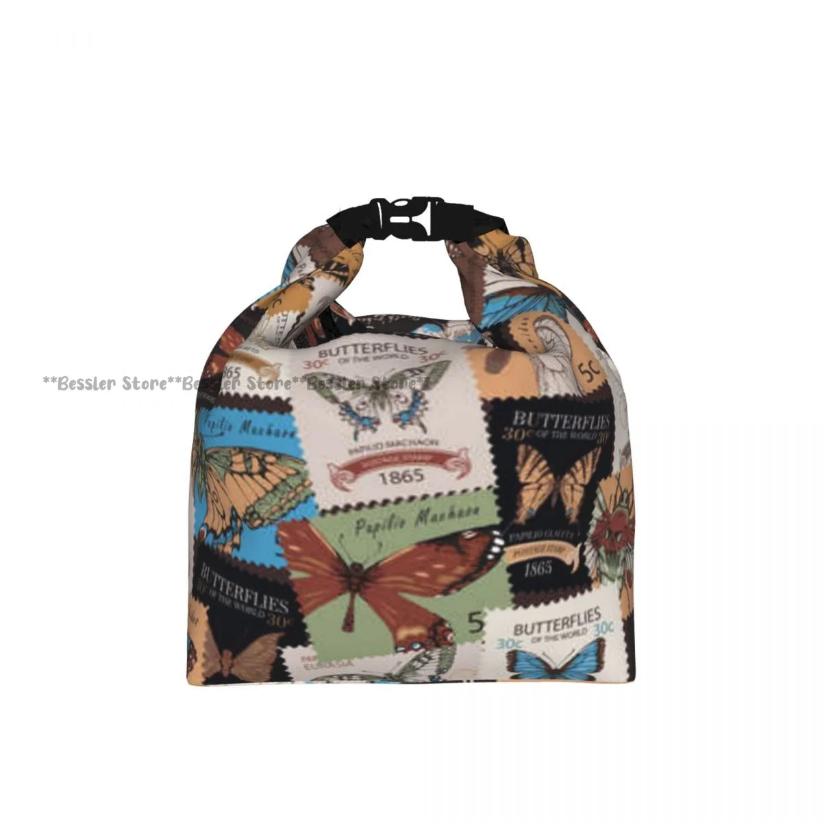 Roll Top Insulated Lunch Bag Old Postage Stamps With Butterflies Thermal Food Storage Bag Portable Bento Handbag for Daily Use
