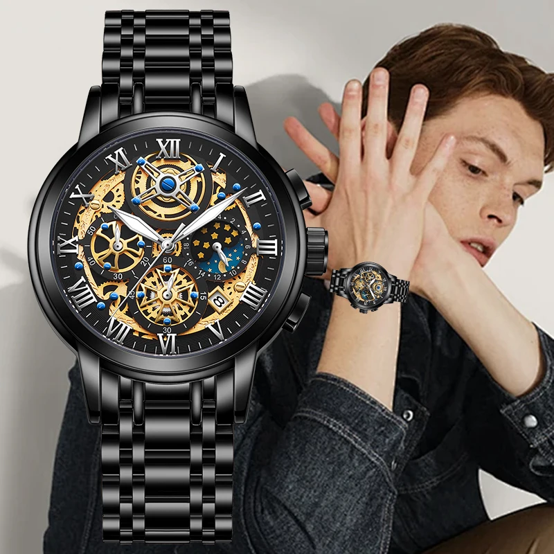LIGE Men’s Watches Casual Luxury Big Dial Chronograph Waterproof Sports Stainless Steel Moon Phase Quartz Man Wrist Watch Clocks