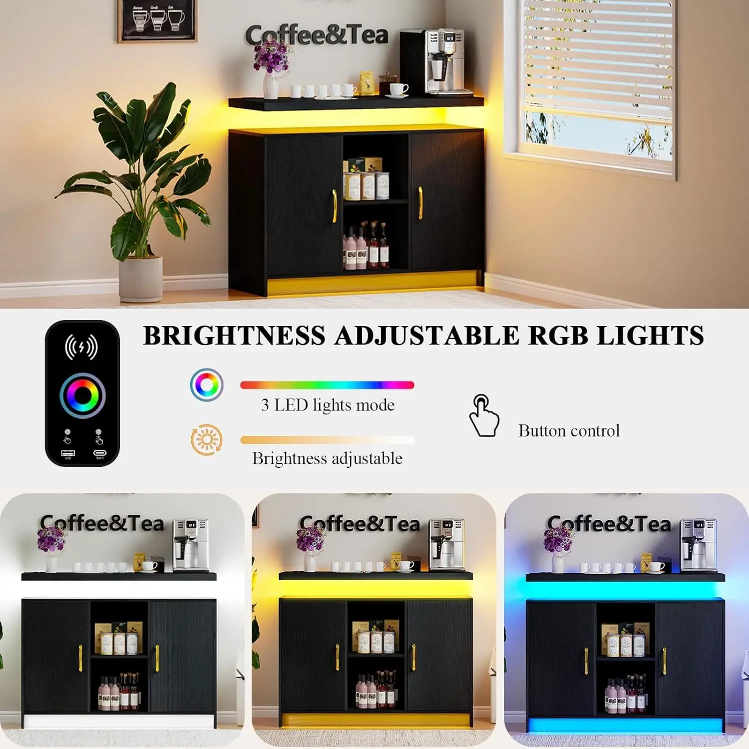 Armário de bar de café LED com estação de carregamento, aparador moderno preto para cozinha ou sala de jantar