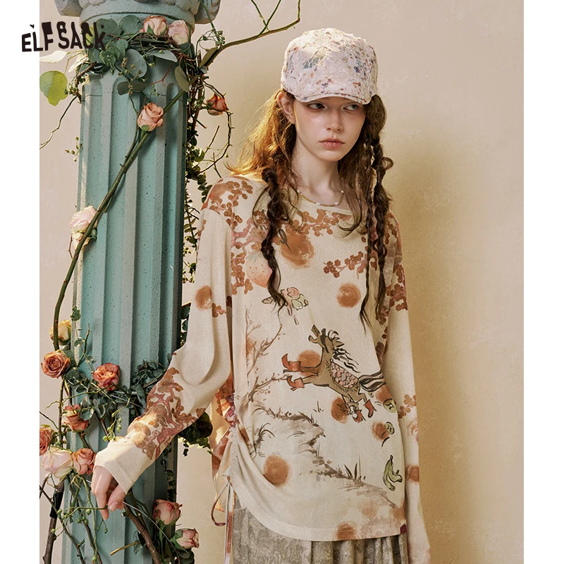 ELFSACK Women's Vintage Graphic Tee with Cartoon Horse Print, Asymmetrical Long Sleeve Top, Oriental Aesthetic Casual Shirt