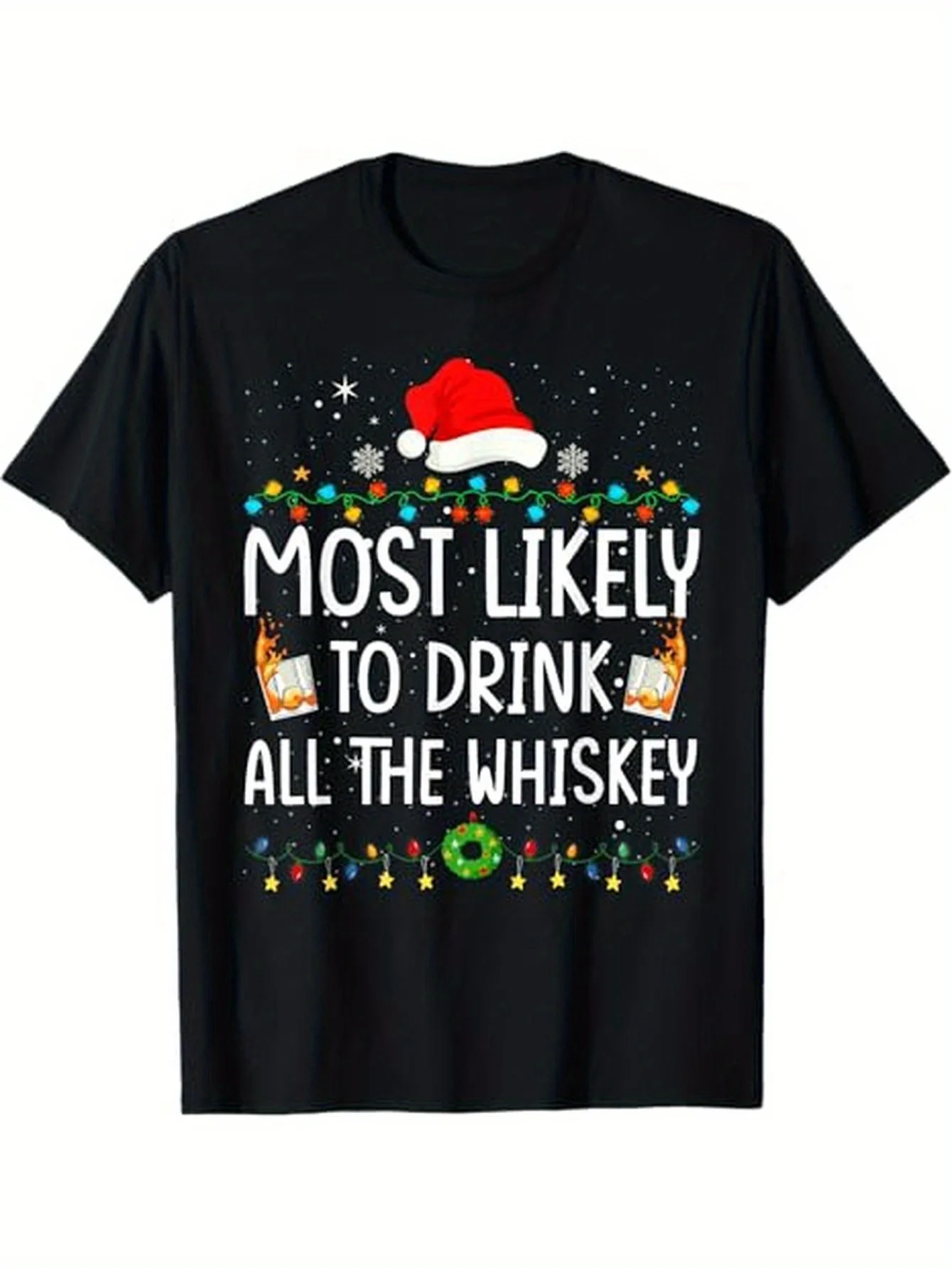 1 meest waarschijnlijk whisky kerstman T-shirt, 100% katoen, cadeau voor mannen, vaders, moeders en vrienden, maat 0X-5X, zwart