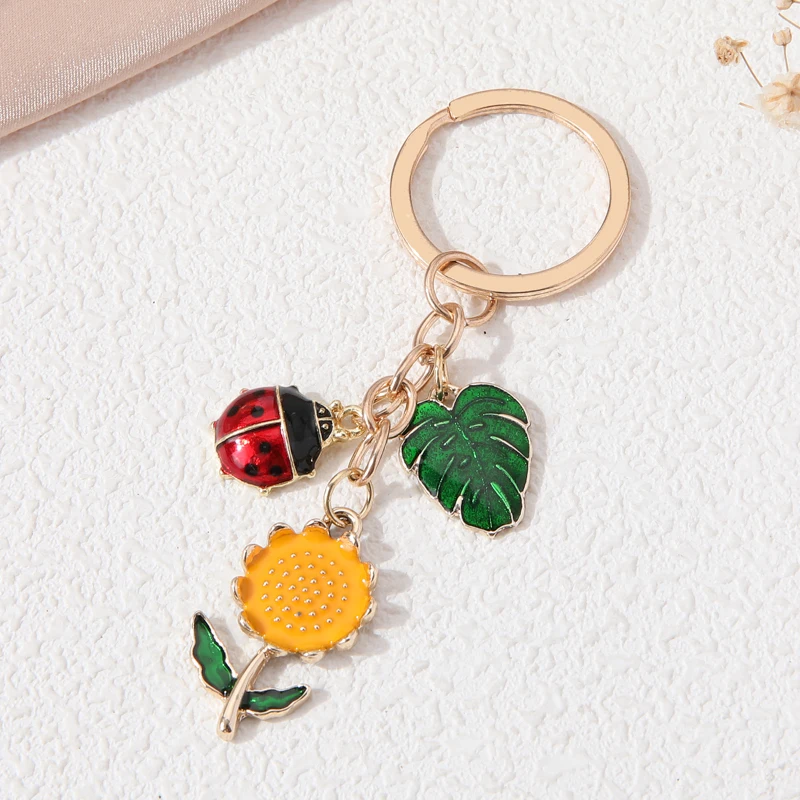 Cute Sunflower Ladybug Leaves keychain Summer Pastoral style Colorful Plant Aniaml Key Chain For Making DIY Findings Handmade