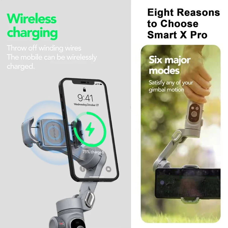 AOCHUAN Smart X Pro Foldable Handheld Gimbal Stabilizer with Fill Light Wireless Charging for iPhone 13 Pro Max Samsung&Android