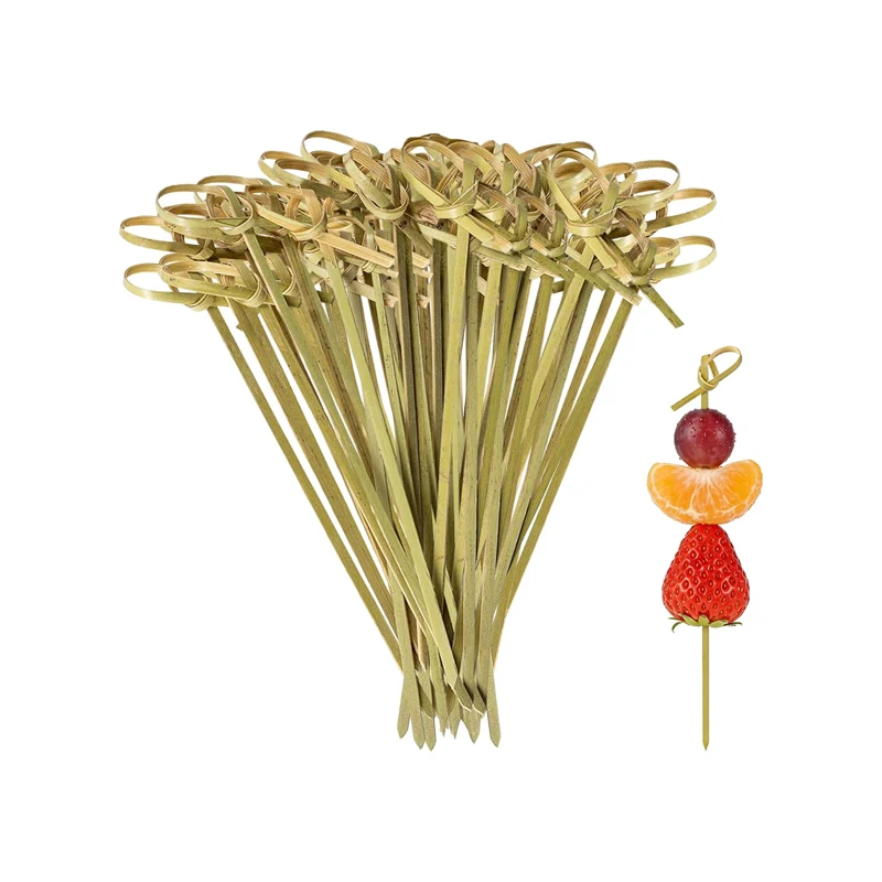 100/200Pcs Bamboo Cocktail Sticks Set 12cm Decorative Toothpicks Kit with Looped Knot Cocktail Sticks for Fruits Kebabs Party