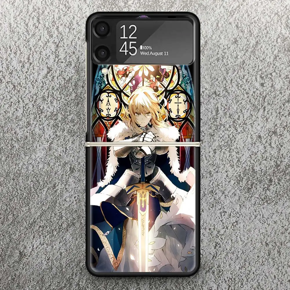 Fate Zero Stay Night Saber Print Case For Samsung Galaxy Z Flip 3 4 5 5G Black Hard Cell Phone Shell ZFlip3 Flip4 Flip5 Pattern