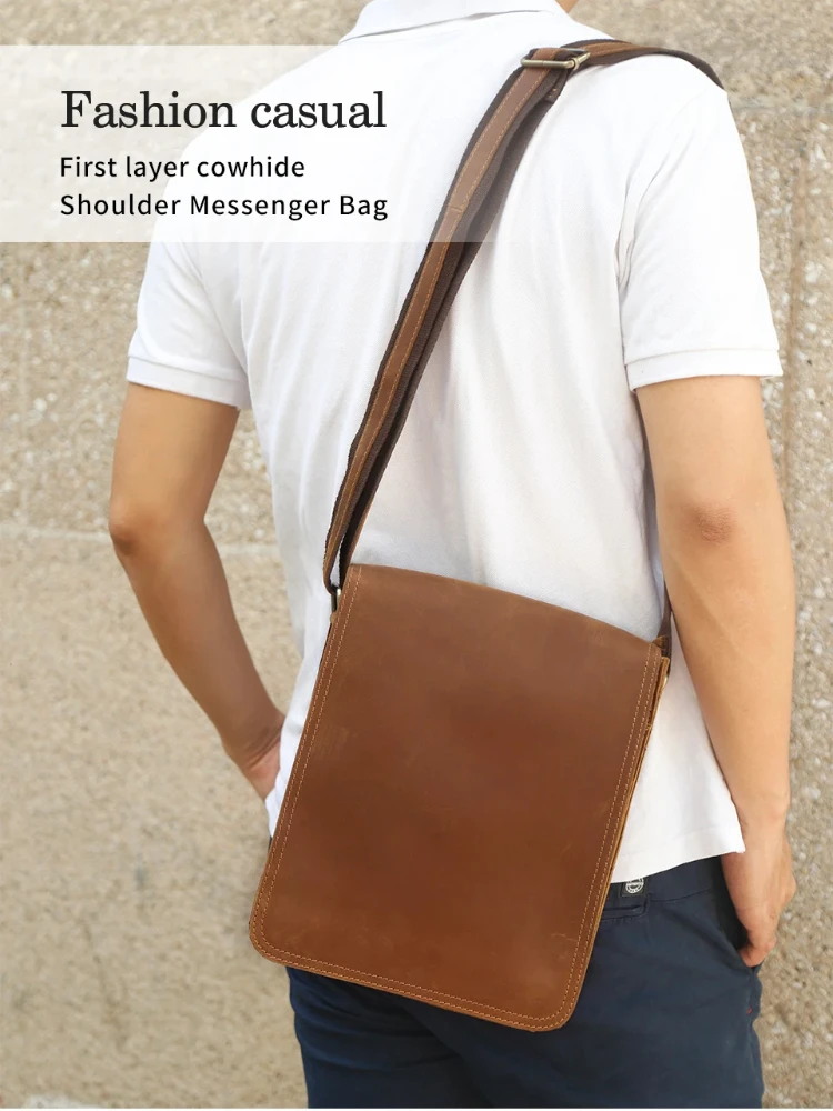 Vintage Crazy Horse Leather Men Messenger Bag Flap Casual Male Small Crossbody Bag for 9.7