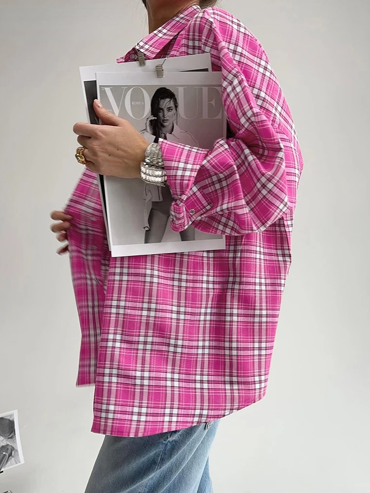 Pink Brightly Plaid Shirts For Women Spring Summer 2024 Long Sleeves Classic Lapel Blouses And Tops Oversize Checked
