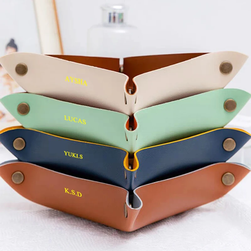 Custom Name Leather Storage Tray Jewelry Cosmetic Key Desktop Storage Organizer Engrave Initials Folding Home Decoration Case