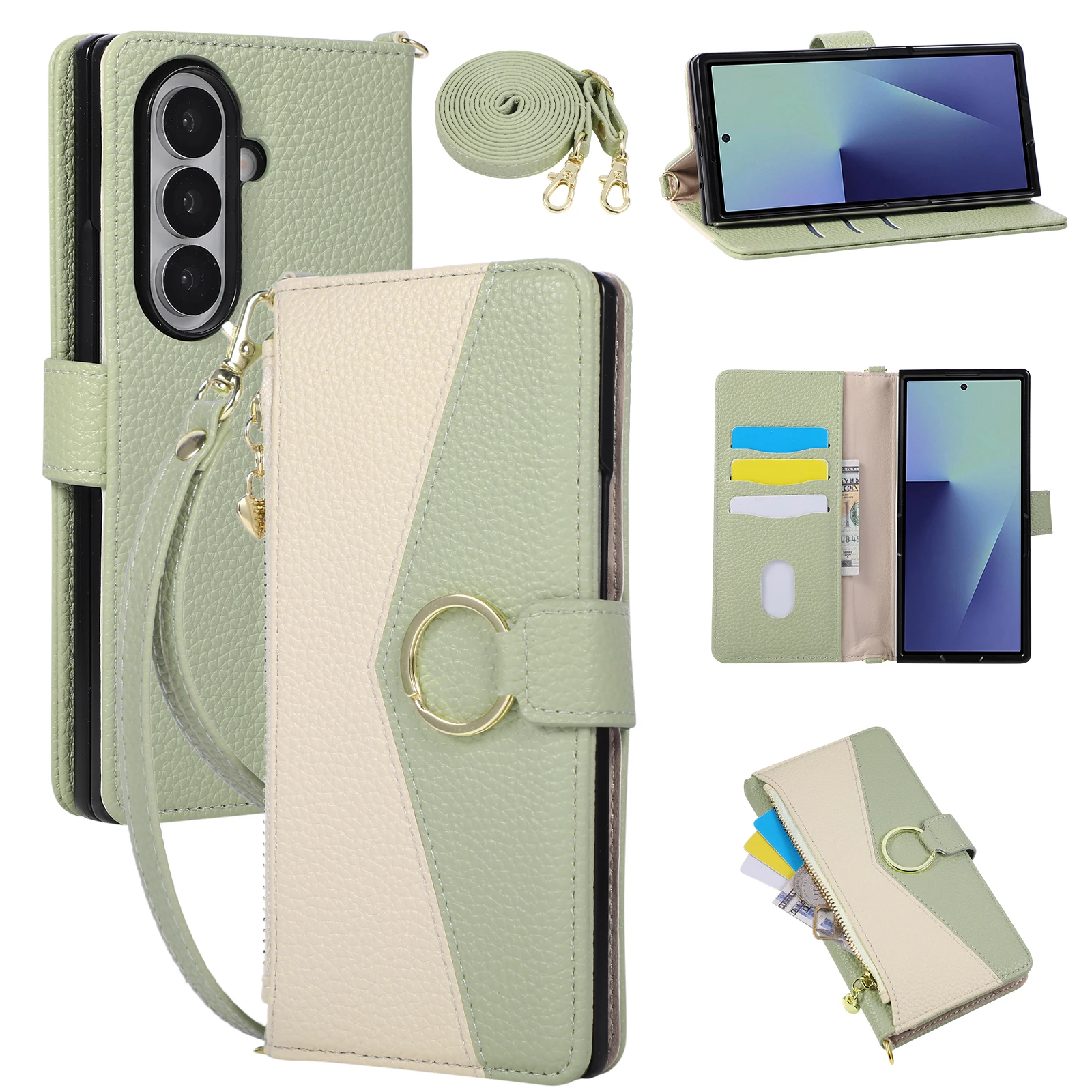 Crossbody Long Lanyard Flip Cards Solt Wallet Color Case Blocked Leather for Samsung Z Fold 8 7 6 5 Shockproof Book Stand Cover