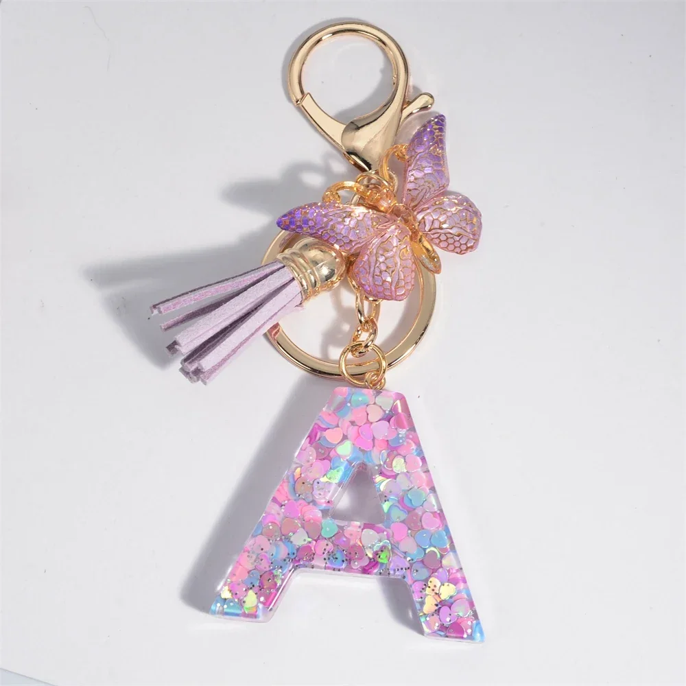 Shiny Heart Sequin Resin Keychain Purple Butterfly Tassel Pendant A to Z Letter Keyring for Women Handbag Accessories Gift