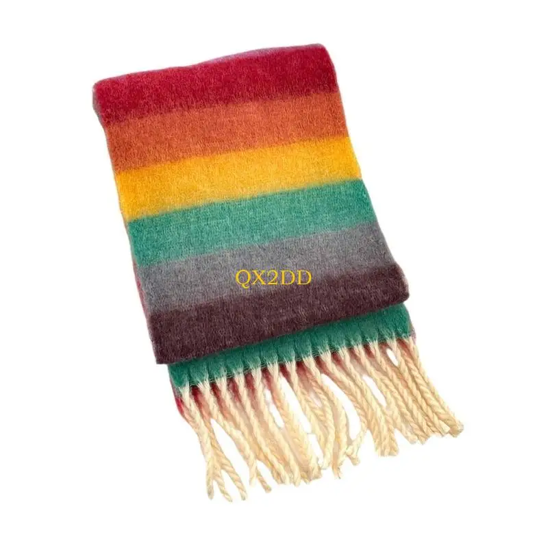 QX2D Khăn quàng cổ sọc cầu vồng đầy màu sắc cho trẻ Soft Faux Cashmere Fringe Máy giữ ấm cổ trẻ