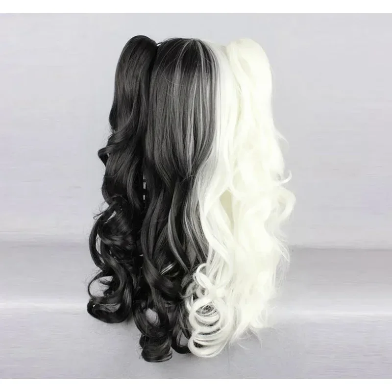 Danganronpa monokuma feminino longo rabo de cavalo encaracolado peruca cosplay traje branco preto mix resistente ao calor perucas de cabelo sintético peruca boné