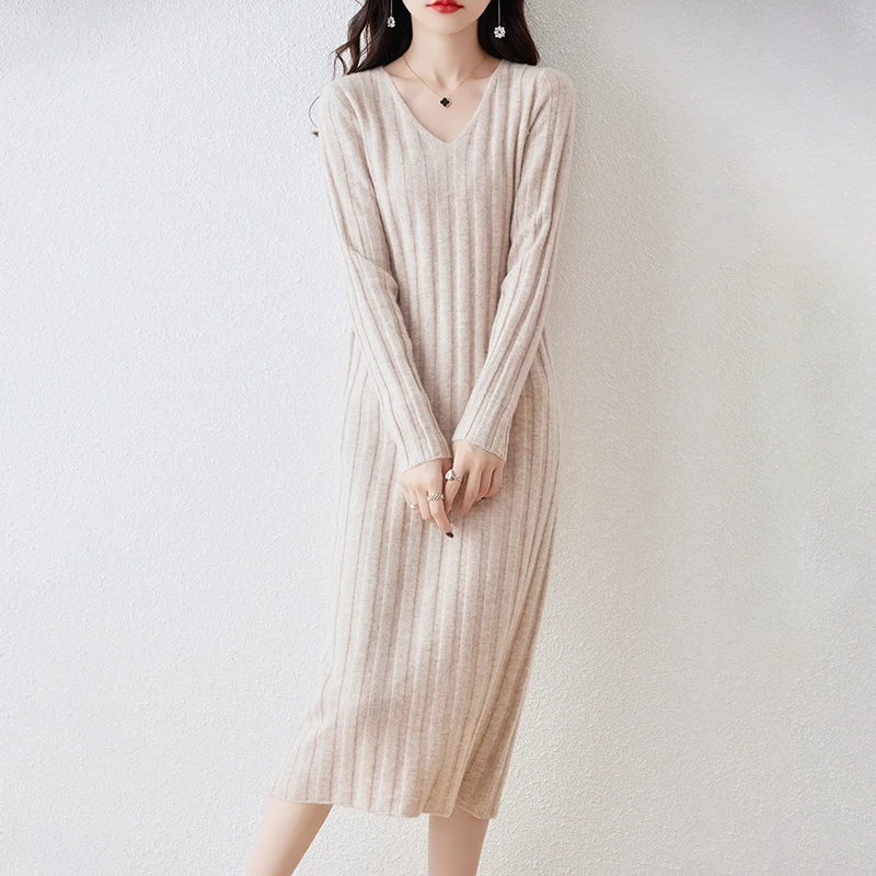 Women Clothing 100% Wool Knitted Dresses 2023 New Arrival Winter/ Autumn V-neck  Long Style 6Colors Female Jumpers