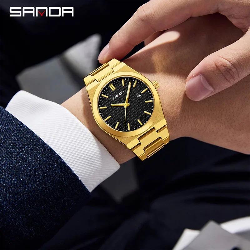 SANDA أفضل رجل الأعمال ساعة مضيئة مقاوم للماء الفضة سوار فولاذي غير قابل للصدأ الرجال الطلب الكبير تاريخ كوارتز موضة ساعة رجالية عادية