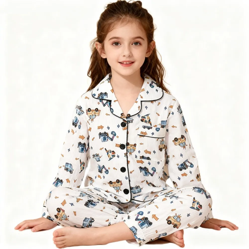 Girls Pajama Set Cute Cartoon Animal Print Long Sleeve Sleepwear Kids Lapel Button Down Night Suit Children Home Loungewear