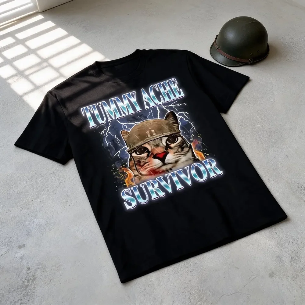Tummy Ache Survivor Cat Meme Funny Saying Cats Animals T-Shirt for adult kids boy graphic Tees shirts funny vintage fashion Short Sleeve tops vacation outfits clothing