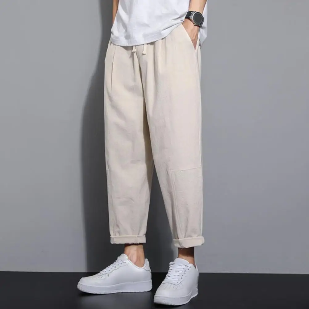 Retro Pants Japanese Style Wide Leg Men's Ninth Pants with Drawstring Elastic Waist Side Pockets Retro Gym Traning Jogging