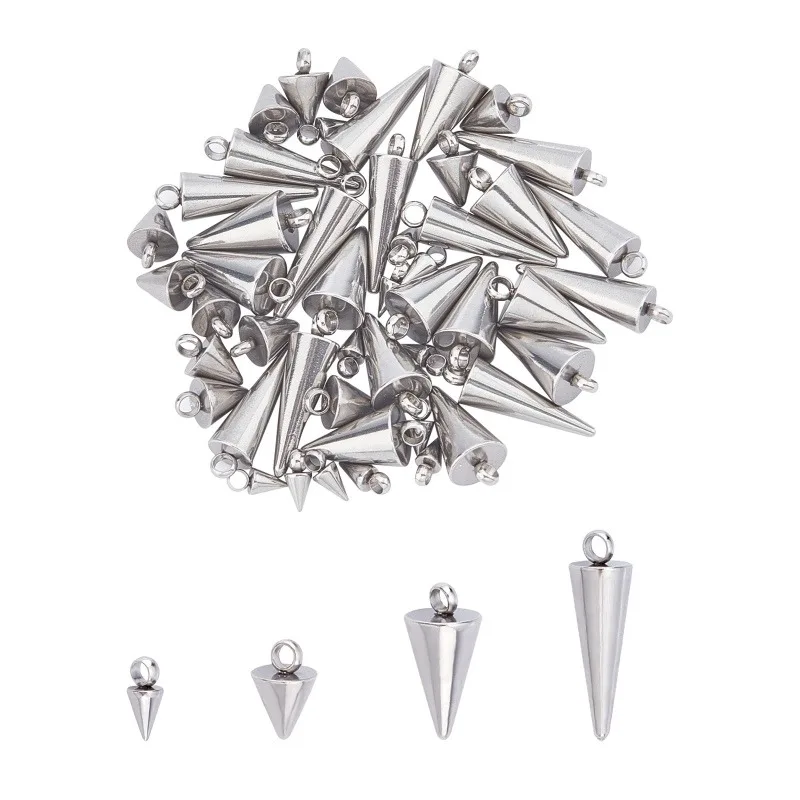 48pcs 4 Sizes Cone Charms Spike Hypoallergenic Pendants Stainless Steel Charms Small Hole Cone Pendants for DIY Earring