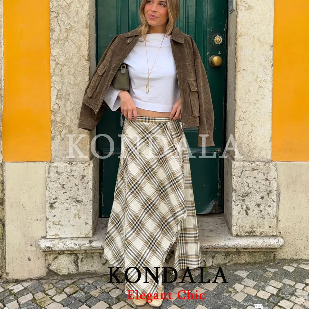 KONDALA Women Trendy Holiday Midi Skirt Asymmetric Plaid Split Fork Skirt Fashion 2026 Spring Summer Streetwear Party Lady Skirt