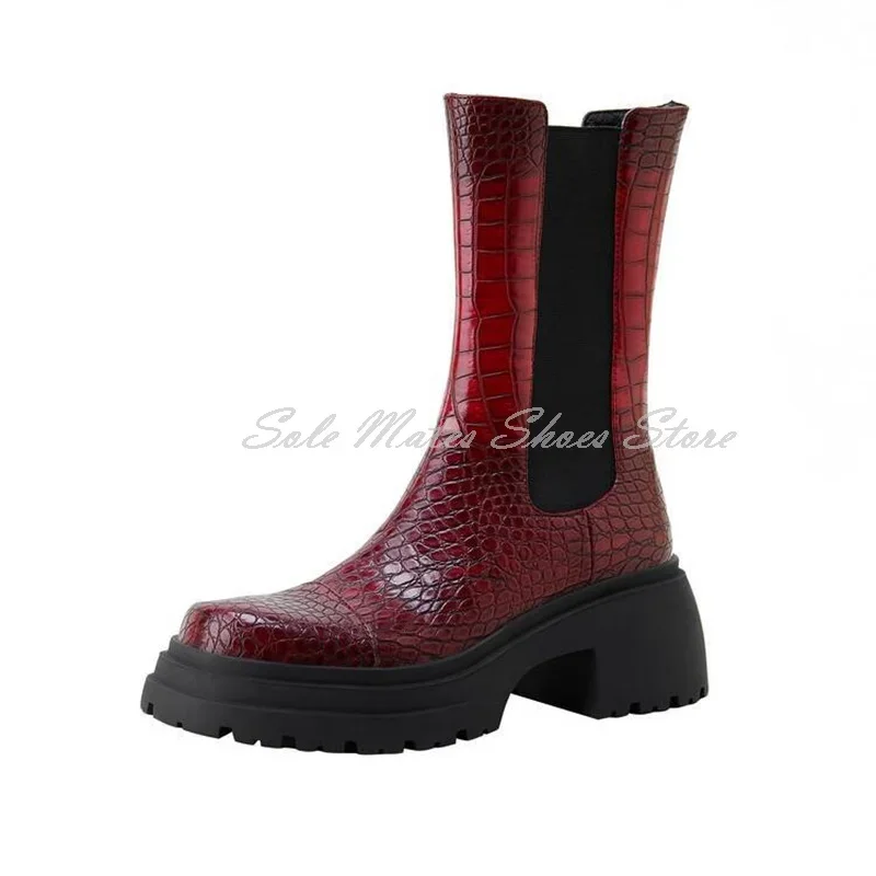 Vintage Burgundy Crocodile Pattern Women's Boots Round Toe Thick Sole Slip On Mid Calf Boots British Style Modern Boots Spring