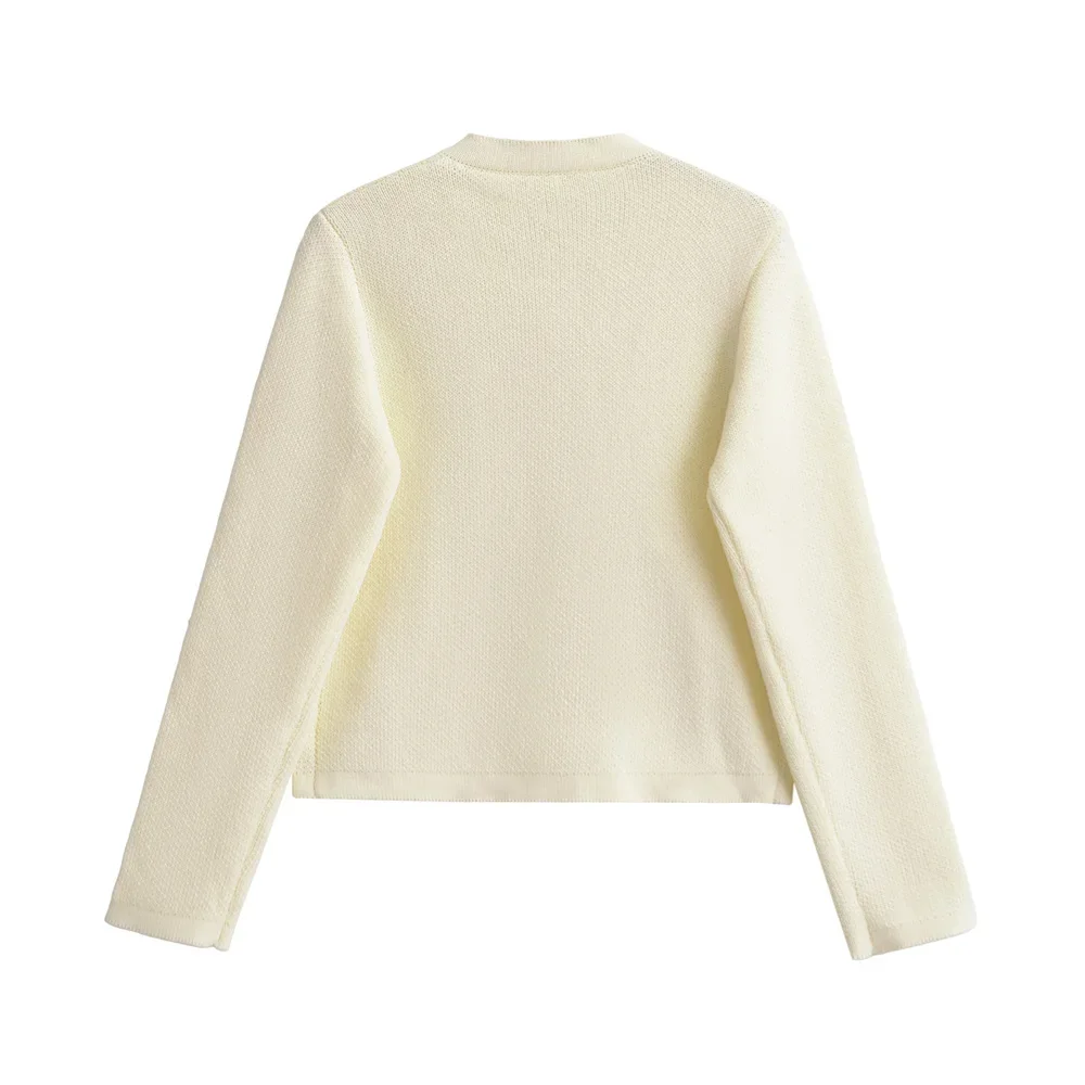 LIBIELIY 2025 Letnia Nowa Damska Europejska i Amerykańska Prosta Okrągła Dekolt Długi Rękaw Złoty Rozpinany Płaszcz Dzianinowy