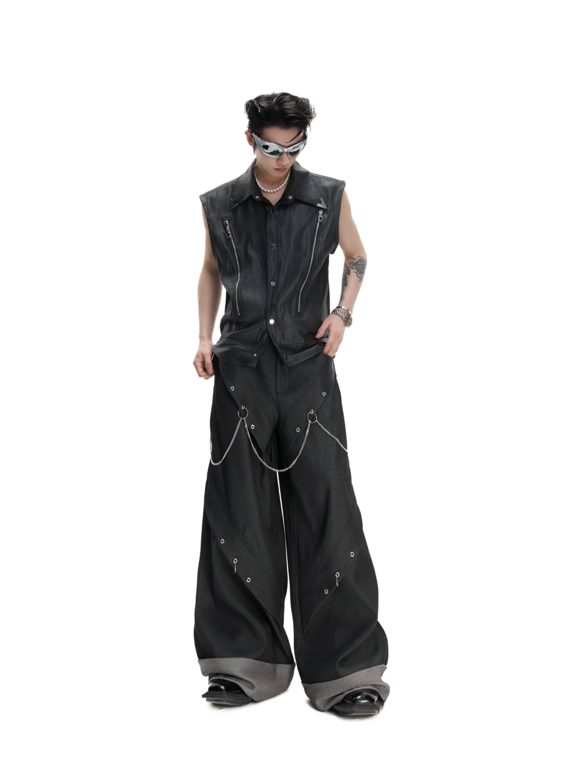 Korean Version of Fashion Trend Rivet Chain Wide-leg Pants Handsome Boy Teen Irregular Design Loose Casual Trousers