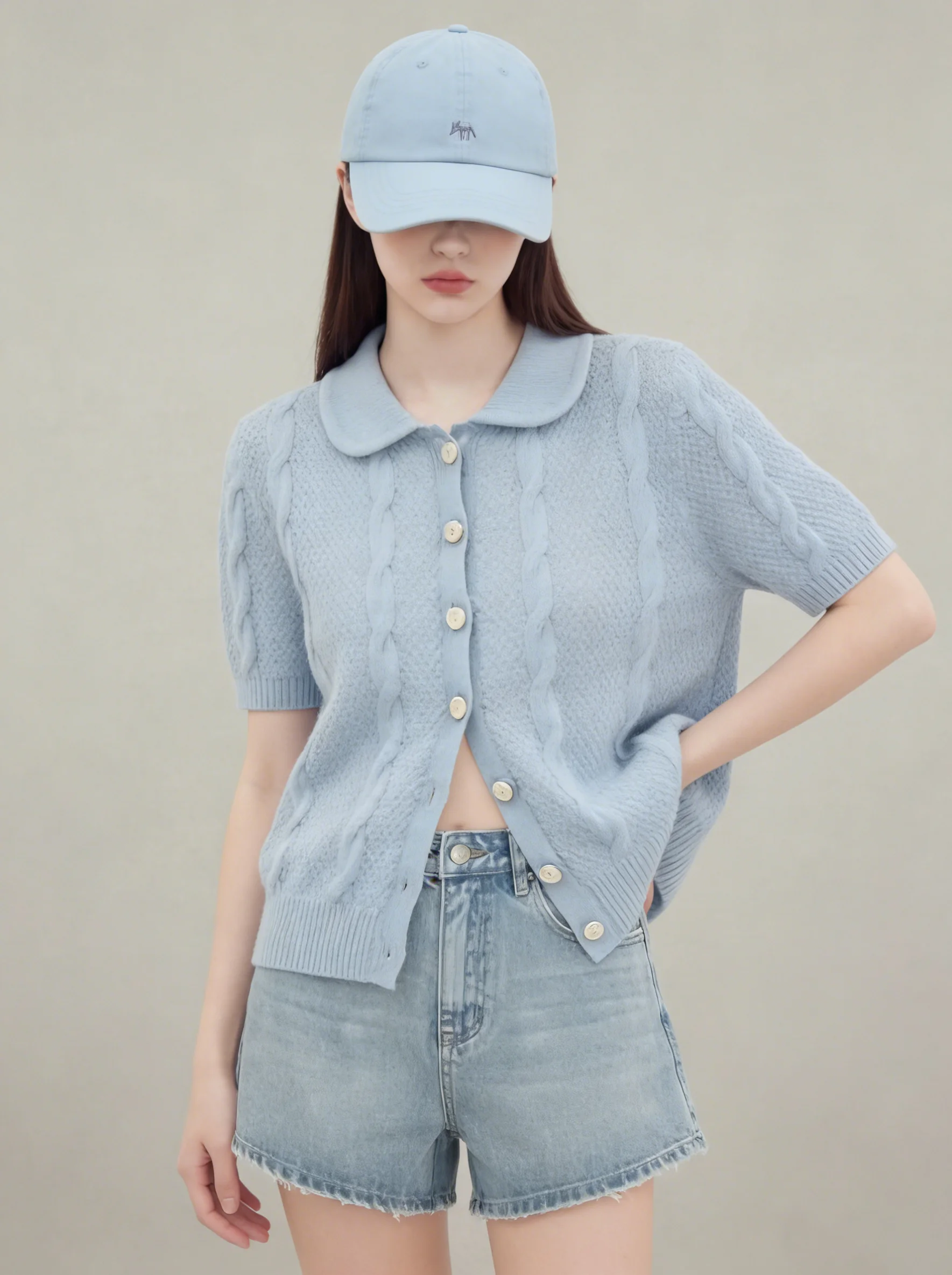 

Chic Korean Style Mist Blue Knitted Cardigan Short Sleeve Turn-down Collar Twist Flower Pattern Spring 2026 Women's Top