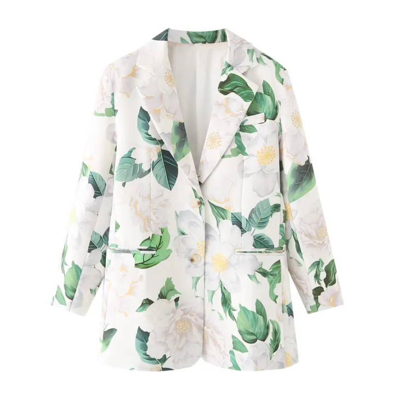 

2025 Autumn Women Long Sleeve Mid-Length Flower Print Stylish Lightweight Outerwear Casual Leisure Outfits Business Suit Jackets