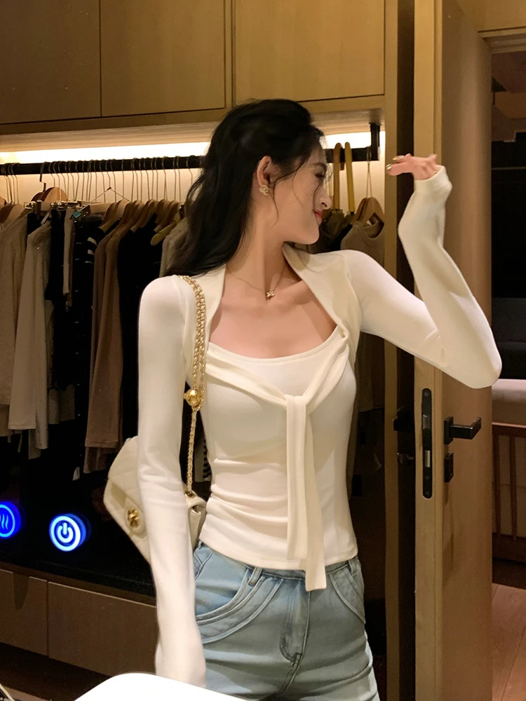 

Женская приталенная футболка Linyener с длинным рукавом, весенний дизайн, базовый топ с квадратным воротником и бантом на талии