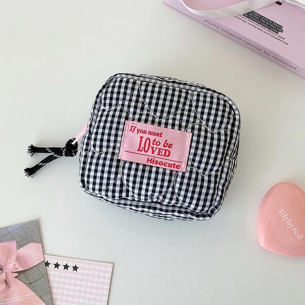 Korean Style Portable Travel Makeup Bag Checkered Pattern Mini Size Lipstick Pouch Quilted Design Coin Purse