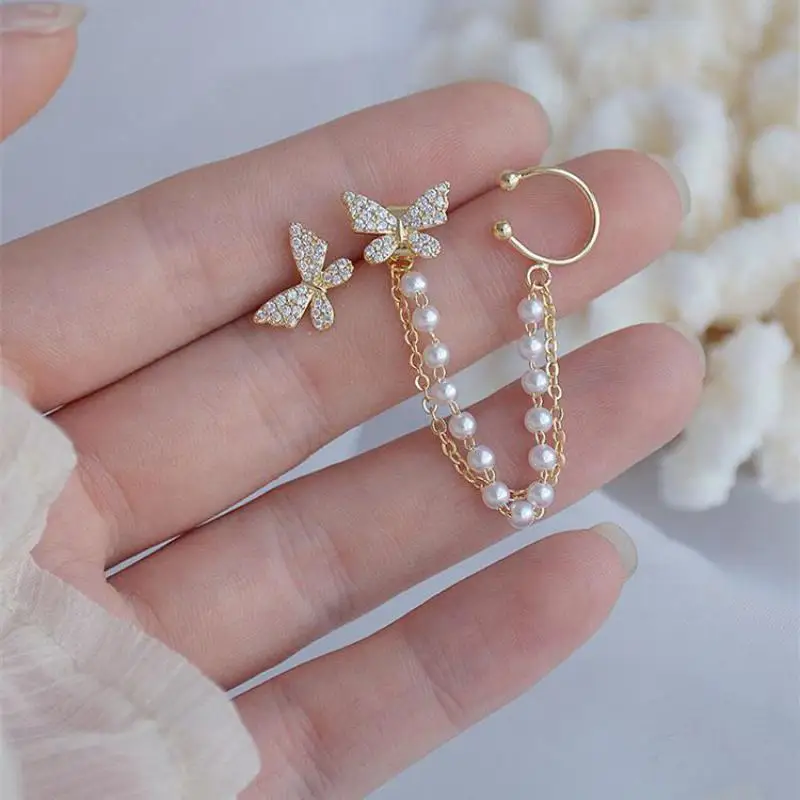 925 Silver Needle Korean Fashion Butterfly Earrings For Women Jewelry 2025 Trending Integrated Pearl Chain Tassel Clip Earrings