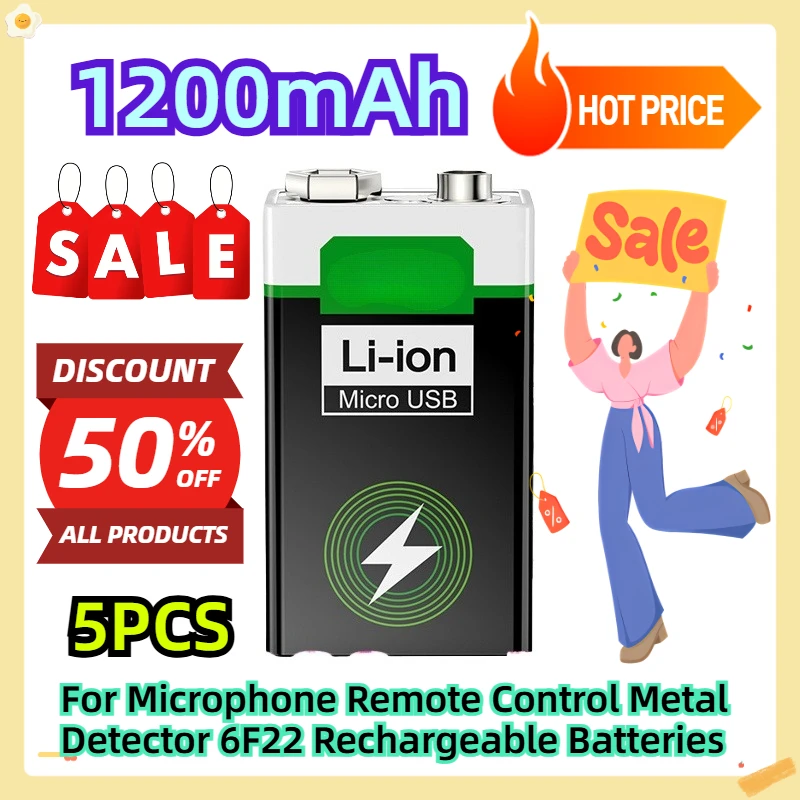 

For Microphone Remote Control Metal Detector 6F22 Rechargeable Batteries 1200mAh 5pcs