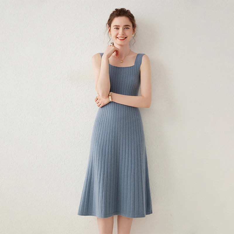 Spring Autumn Women Dress Longer Dress Cashmere Knitted Jumpers 2024 New Fashion Soft U-Neck Sleeveless Female Mid-calf Pullover