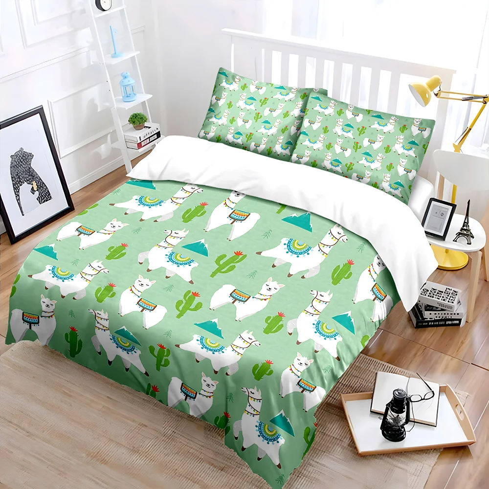 Cute llamas and cactus background Pattern Duvet Cover Set Digital Print Polyester Bedding with Zipper Closur for kids gifts