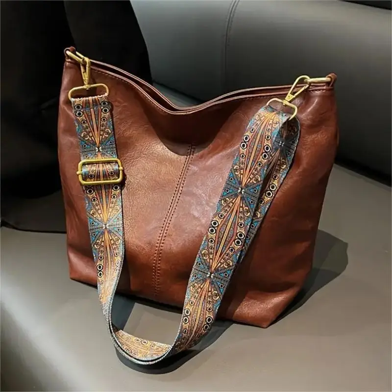 Boho Chic Faux Leather Shoulder Bag for Women Large Capacity Crossbody Tote with Vintage Wide Strap Casual Commuter Hand Bill