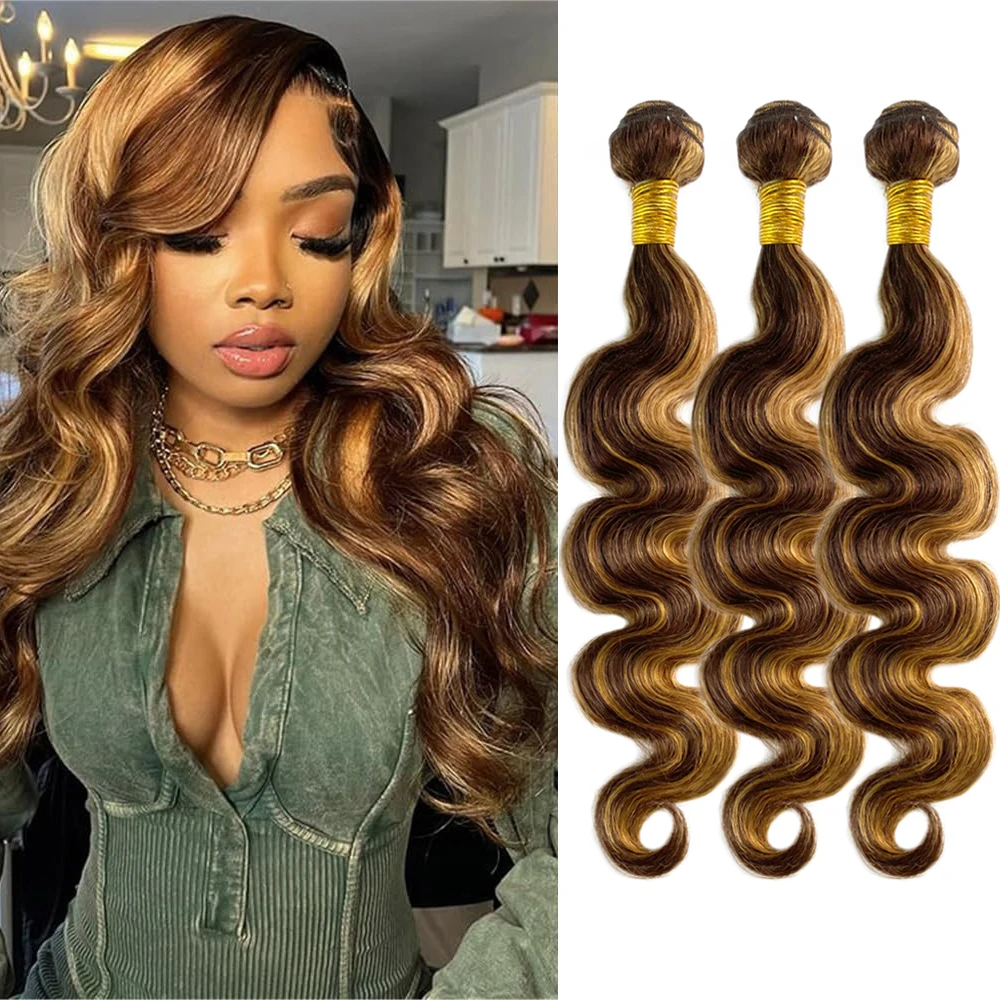 

P4/27 Body Wave Highlight Bundles Brazilian Remy Human Hair Bundles P4/27 Bundles Honey Blonde Highlight Hair Bundles Hair 12A