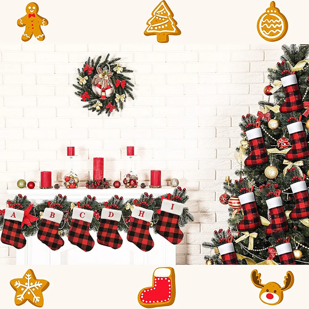 Mini-Weihnachtsstrumpf mit Initialen, rotes Büffelkaro, Kamin, Party-Dekoration, Ornament, Urlaubsstrumpf, Weihnachtssack, Geschenk für Kinder