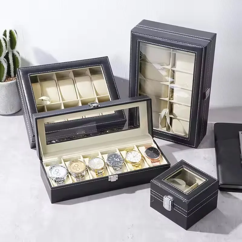 Classic Style 2/3/6 Slots PU Leather Watch Display Case Organizer Jewelry Storage Box With Glass Top
