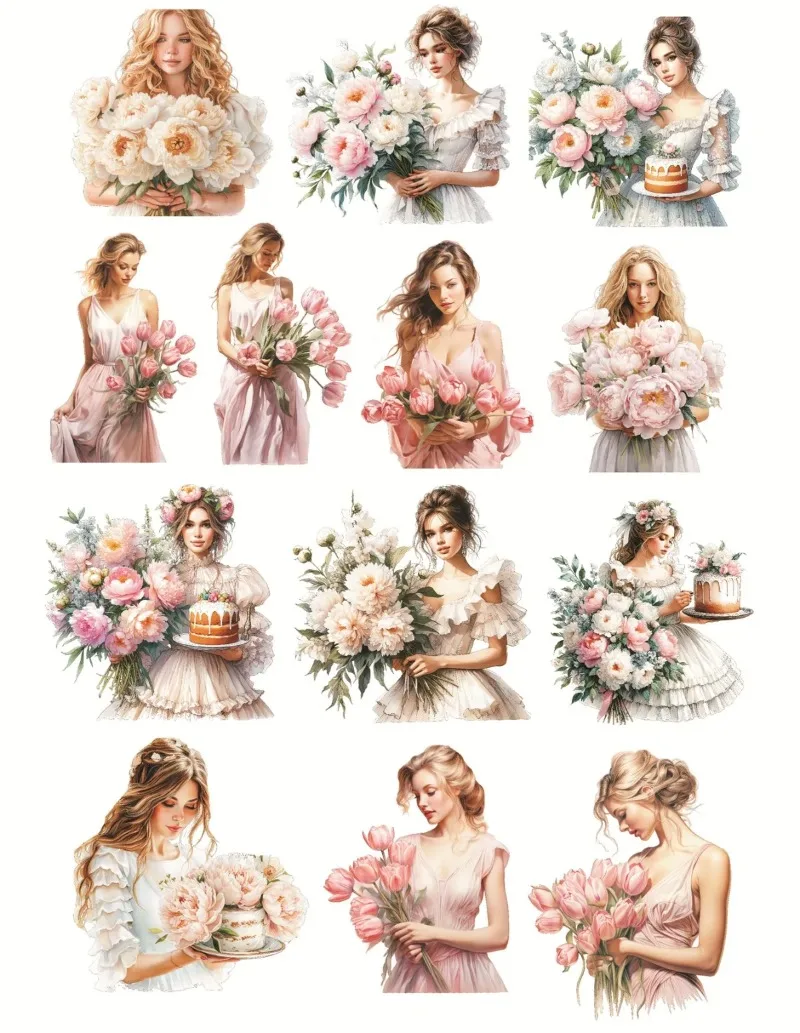 1set  Kawaii  Watercolor Peony and Tulip Girl Stickers Pack Decorative Labels Scrapbooking Collage  Journal Supplies  Planner