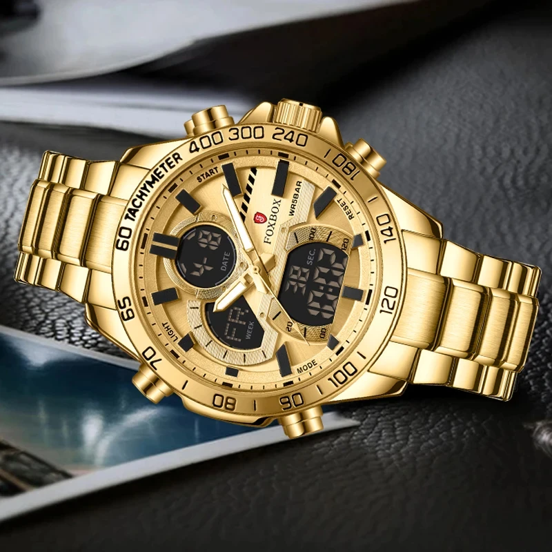 FOXBOX Luxury Original Men Sports Wrist Watch Gold Quartz Steel Waterproof Dual Display Clock Watches Relogio Masculino For Men