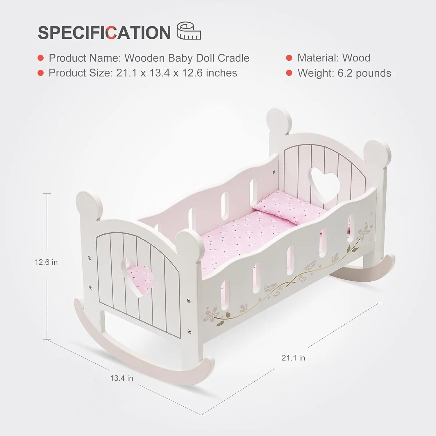 Robud Wooden Doll Cradle Rocking Baby Doll Crib Reversible Doll Bed Fits Dolls up to 18 Inches