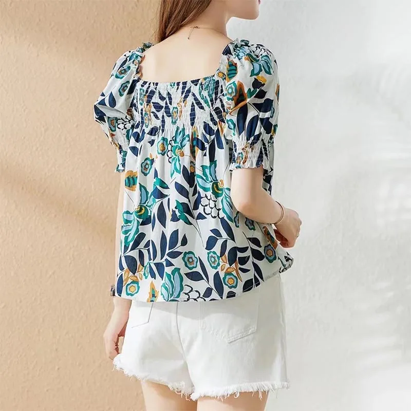 Summer New Women\'s Clothing Square Collar Fashion All-match Printing Shirt Ladies Korean Puff Sleeve Casual Sweet Style Blouses