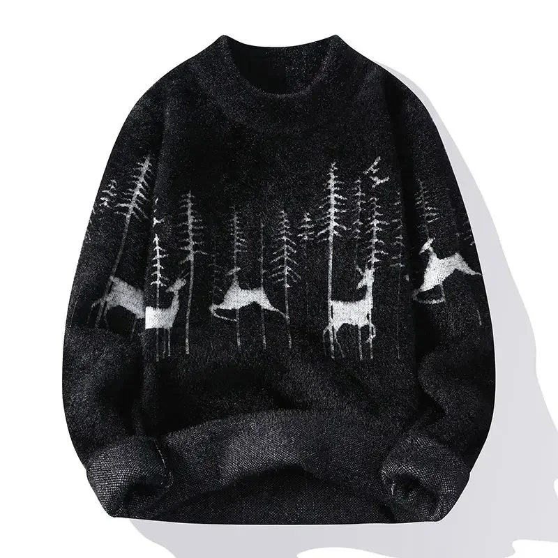 Korean Men's Christmas Print Sweaters Velvet Thickening New Bottoming Shirt Casual Harajuku High Quality O-neck Pullover Sweater