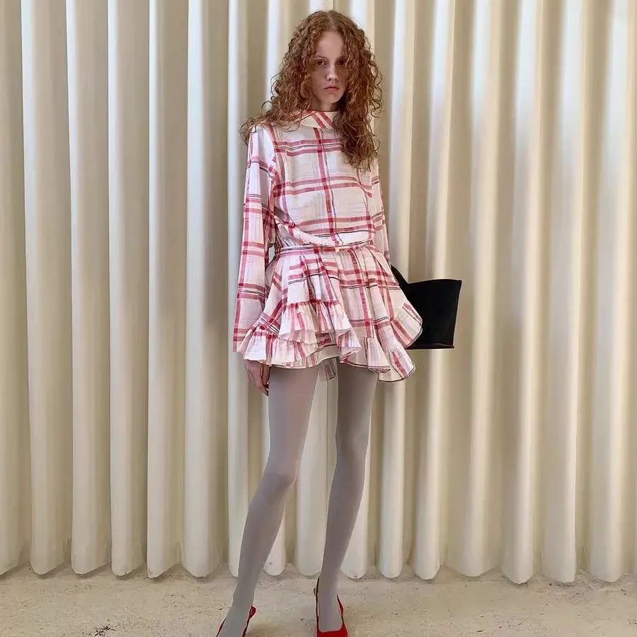 

Women Dress Summer New High-end Designed Fashionable Niche Chic Temperature Irregular Red Pink Plaid Low Waist Shirt Dress