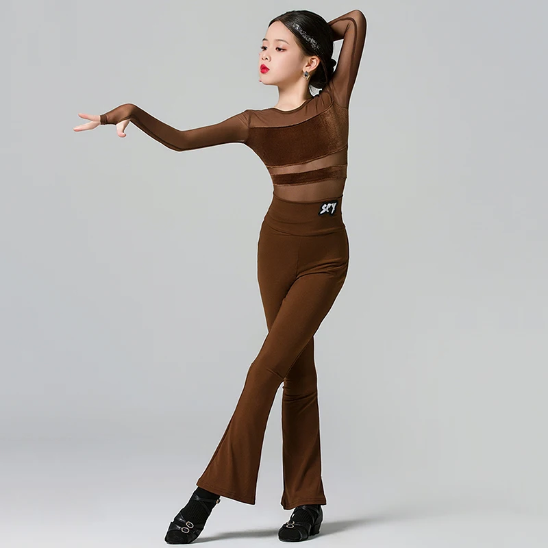 Coffee Children Professional Latin Dance Costumes Girls Kids Velvet Long Sleeve Mesh Bodysuit Pants Sets Competition Dancewear