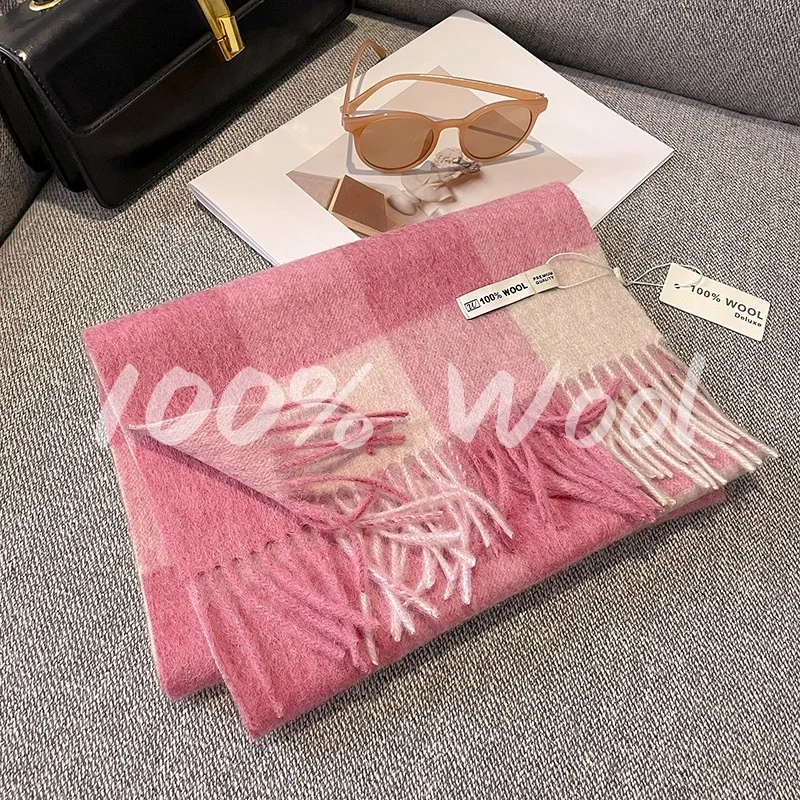 100-ウール高級女性スカーフファッション冬の日常衣装チェック柄スカーフタッセルショールパシュミナレディラップヒジャブネッカチーフ