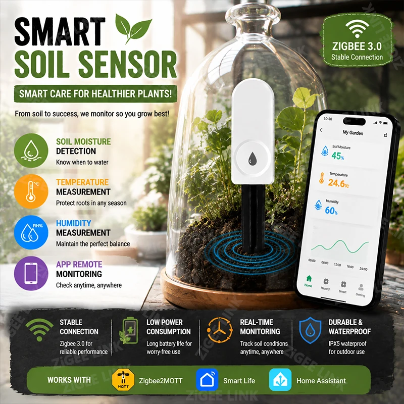 Outdoor Indoor Zigbee Soil Moisture Sensor Air Temp Humidity Hygrometer Thermometer Real‑time Monitoring For Farm Potted Shrubs
