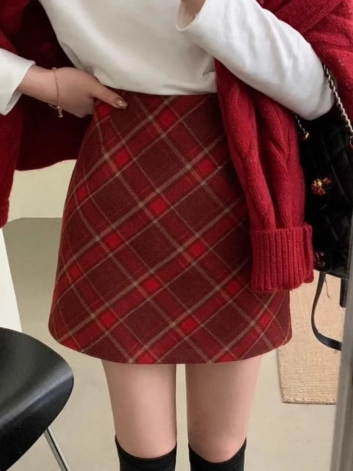 Khaki Plaid Woolen  Skirt Women's Autumn Winter High Waist Slim A-Line Wrap Body Skirts Commute Simple Style Zipper Design
