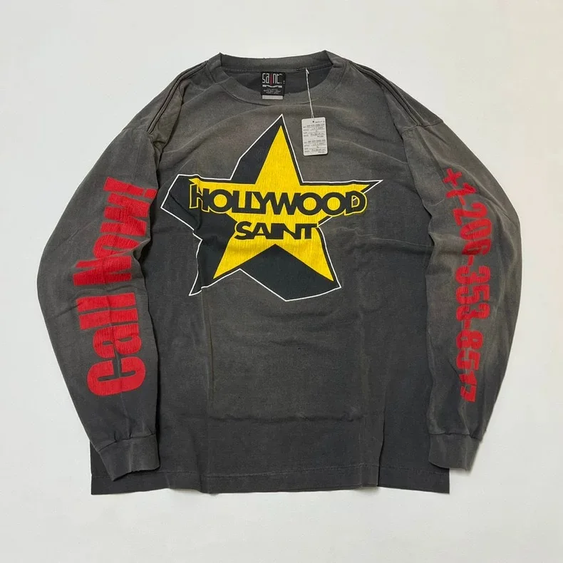 New Mens clothes Autumn and winter new water-washed old five-pointed star back letter loose casual long-sleeved T-shirt trend