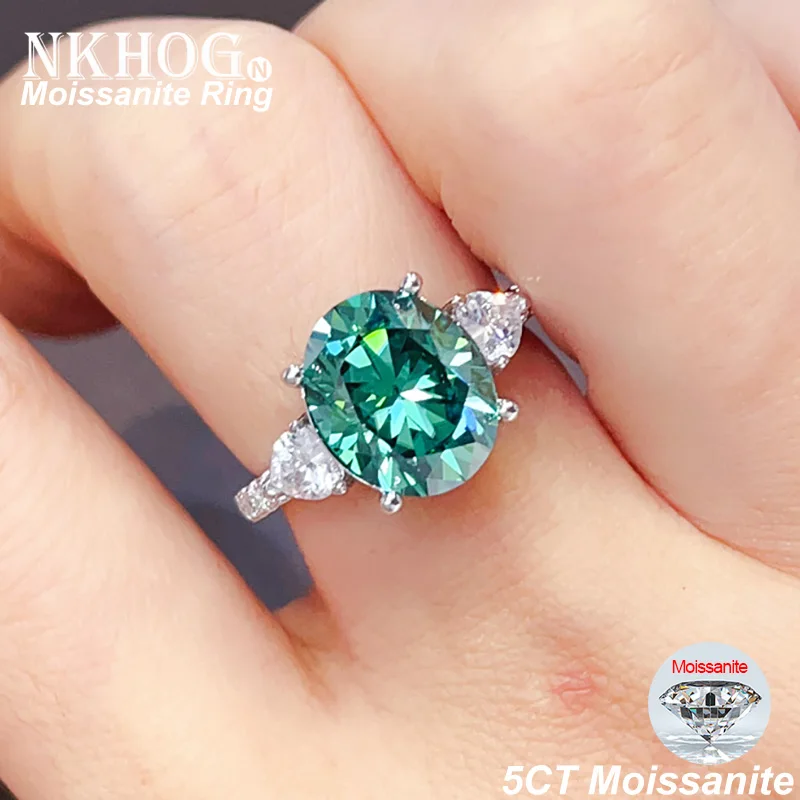 NKHOG 5CT Oval Cut Moissanite Ring 925 Sterling Silver 18K Plated D Color Green Diamond Women Wedding Band Jewelry Gift with GRA